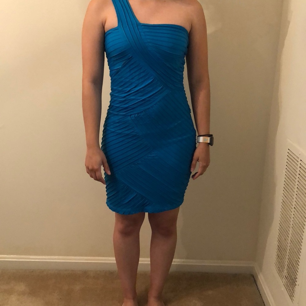 Fun blue, one strap fitted dress.